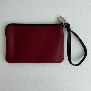 Red Burgundy Leather Leaf Paisley Mini Toiletry Bag Zipper Pouch Wristlet